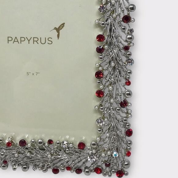 Papyrus NWT Photo Frame 5x7 Silver and Fuchsia Red White & Faux Pearl Gemstone - Picture 4 of 7